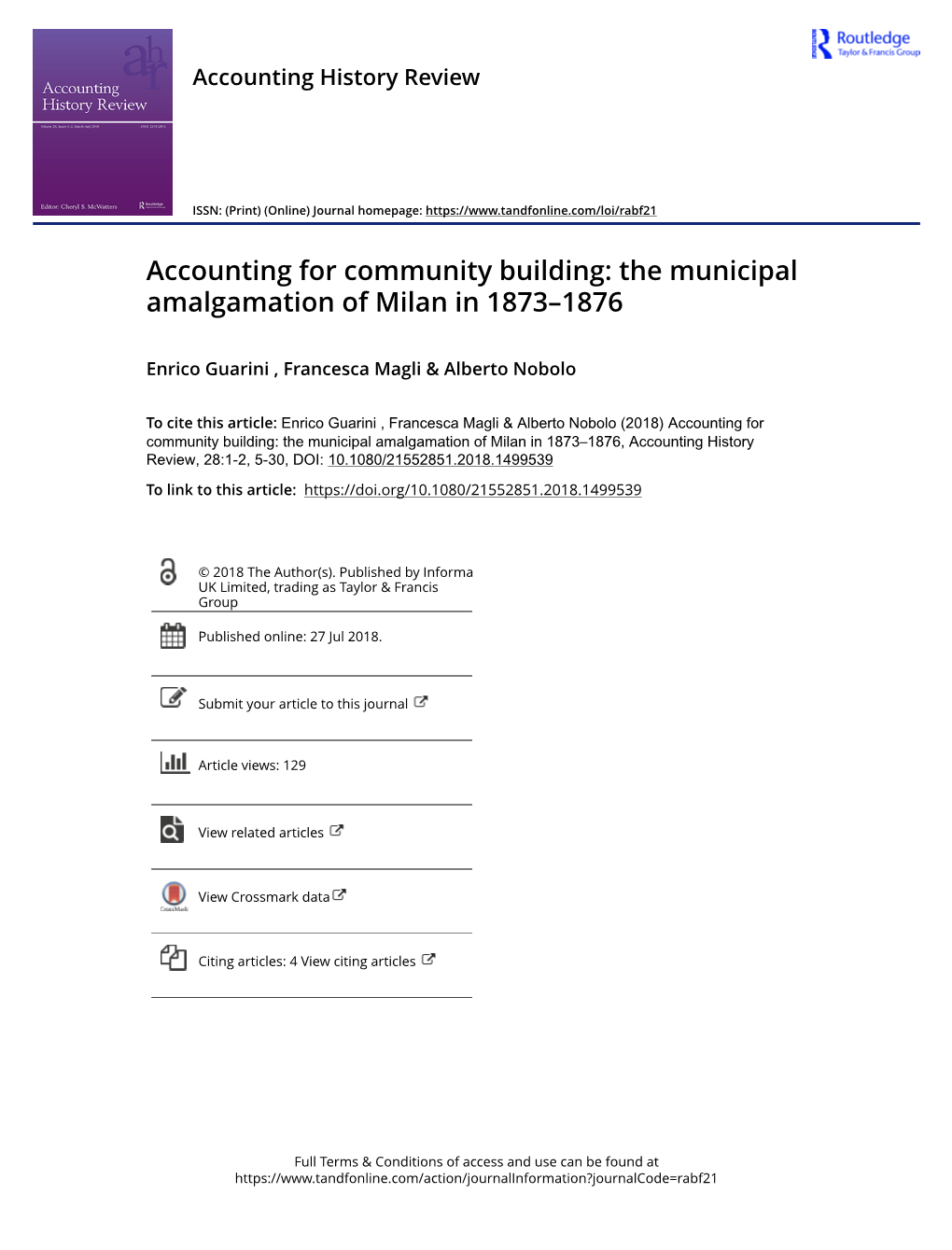 Accounting for Community Building: the Municipal Amalgamation of Milan in 1873–1876