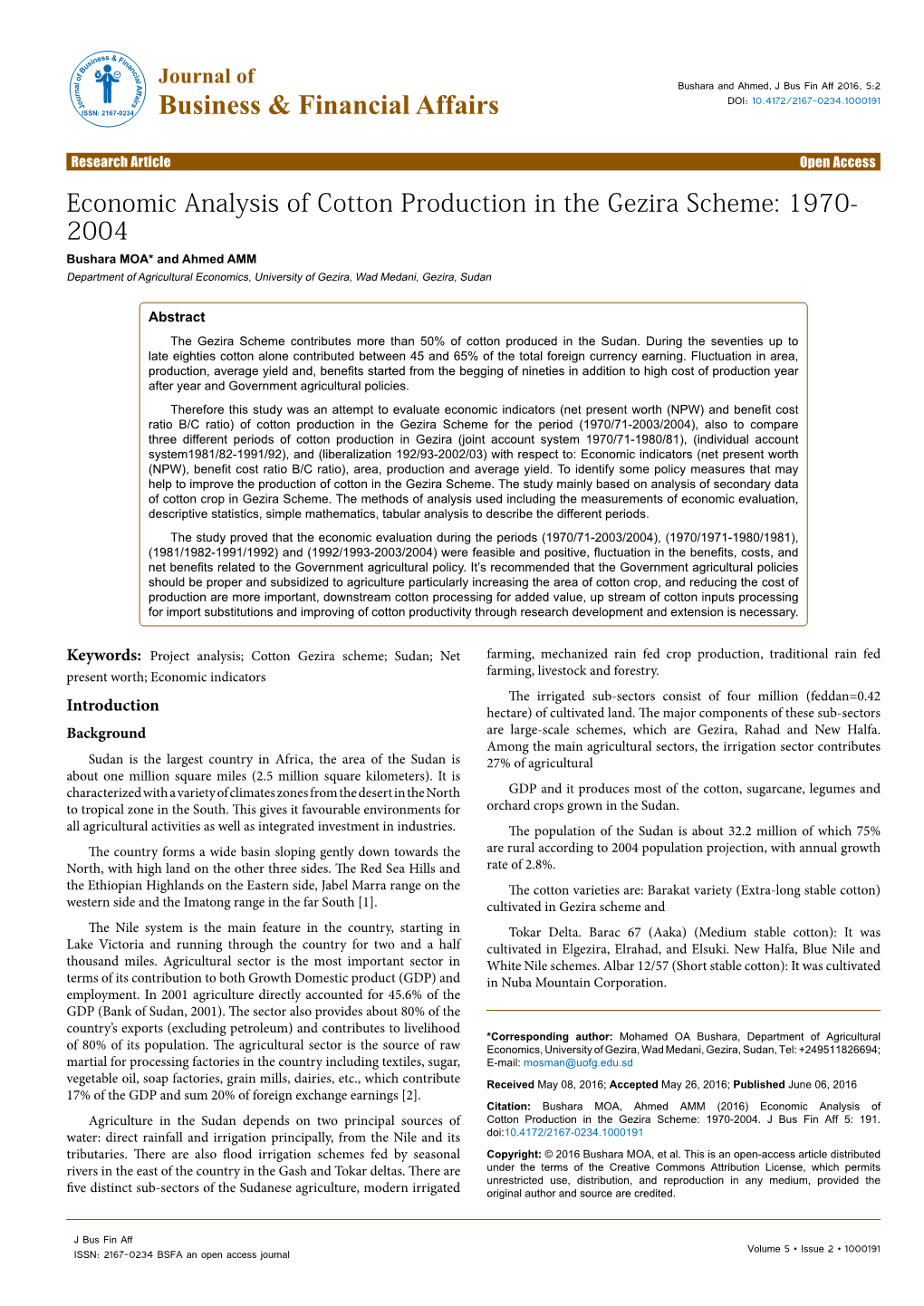 Economic Analysis of Cotton Production in the Gezira Scheme