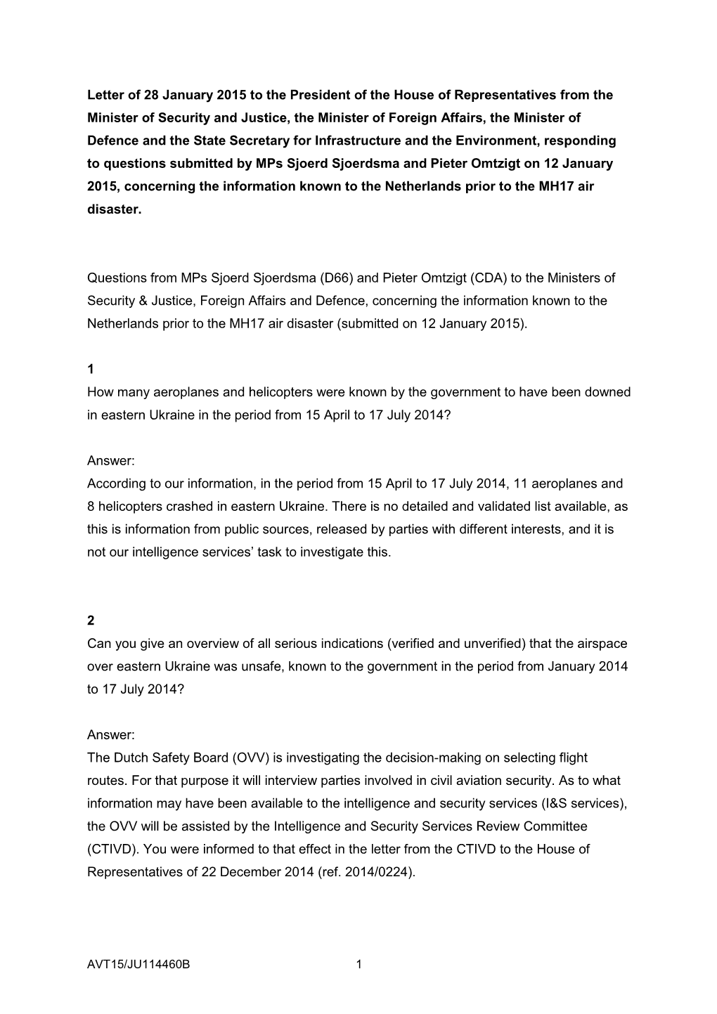 Letter Responding to Questions Sjoerdsma Omtzigt 12 January 2015