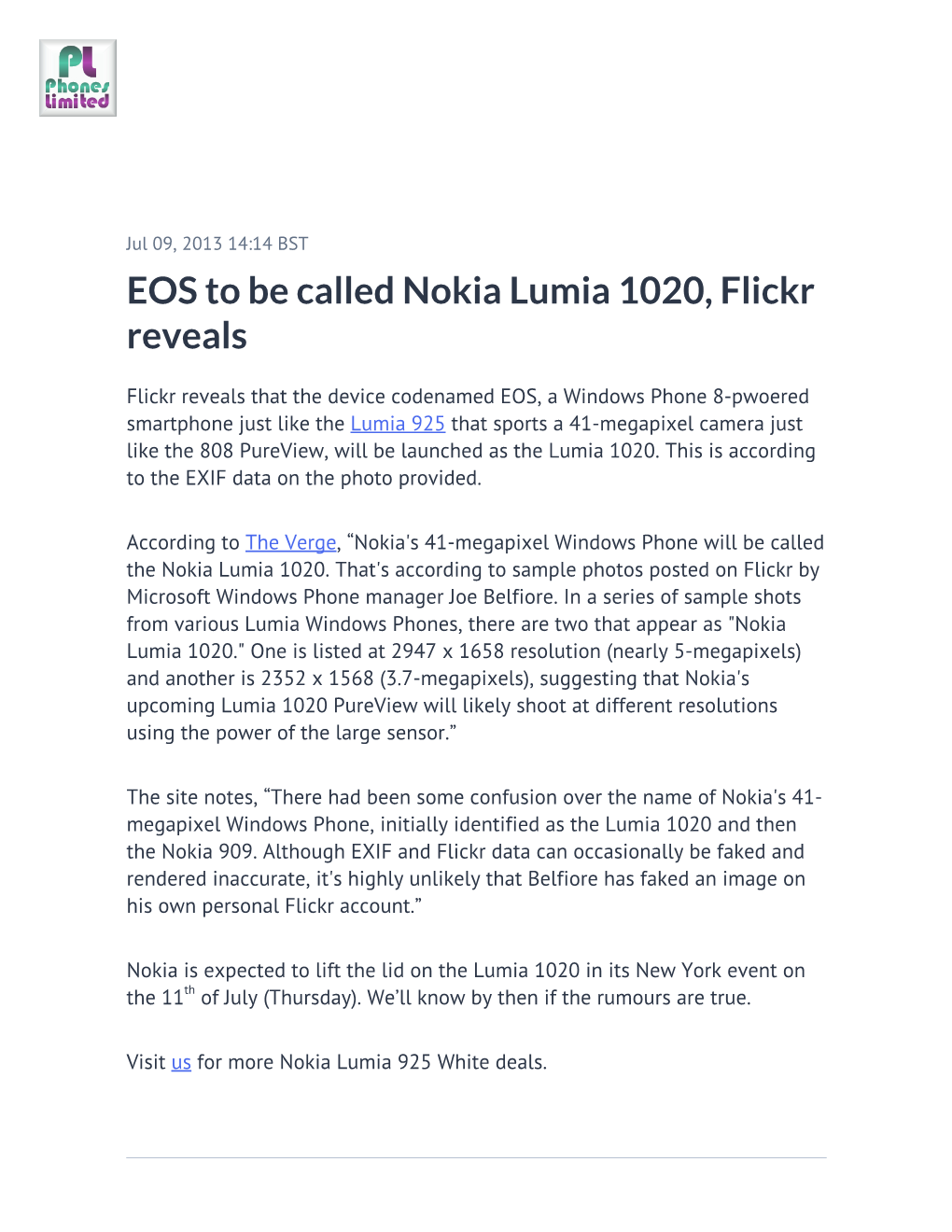 EOS to Be Called Nokia Lumia 1020, Flickr Reveals