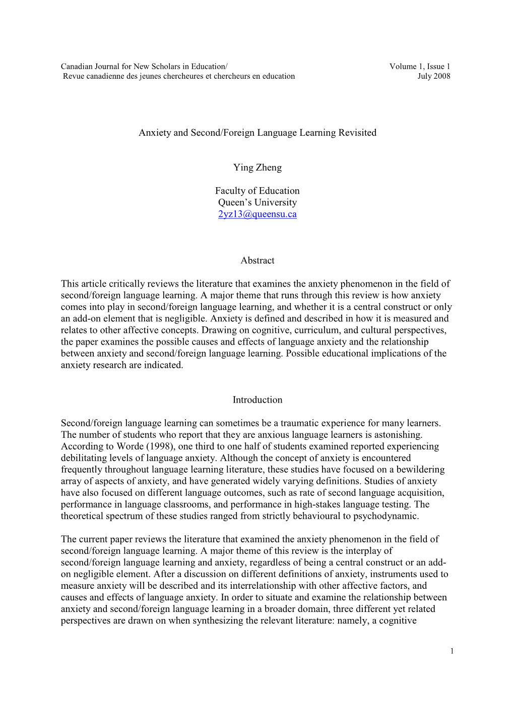 Anxiety and Second/Foreign Language Learning Revisited Ying