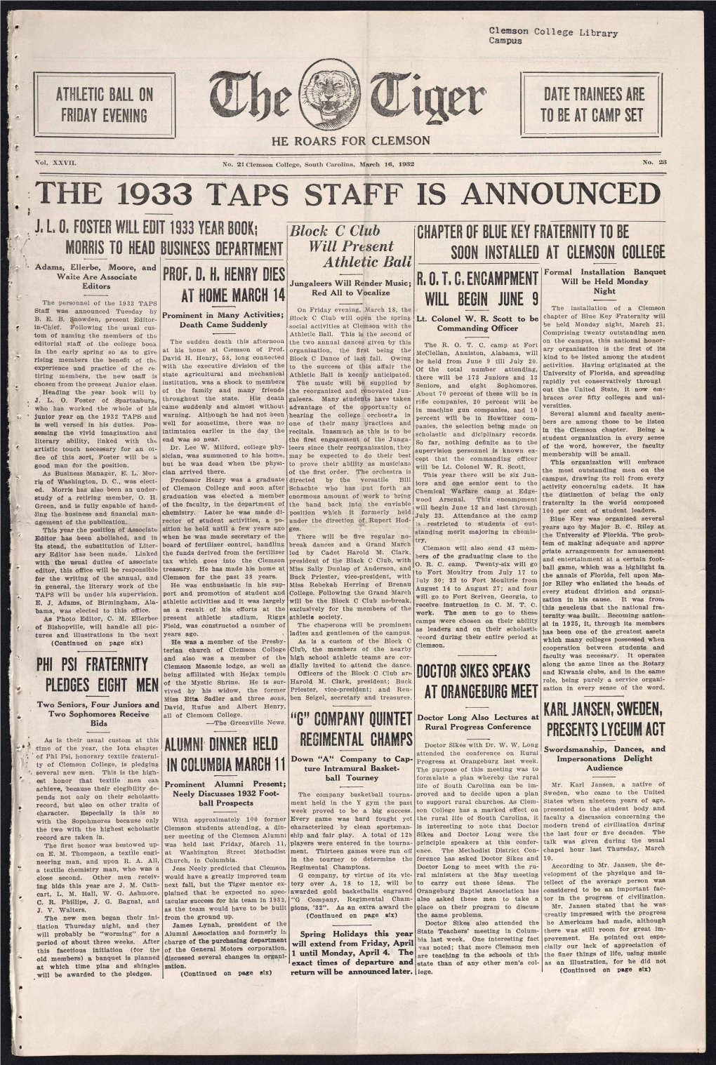 The 1933 Taps Staff Is Announced