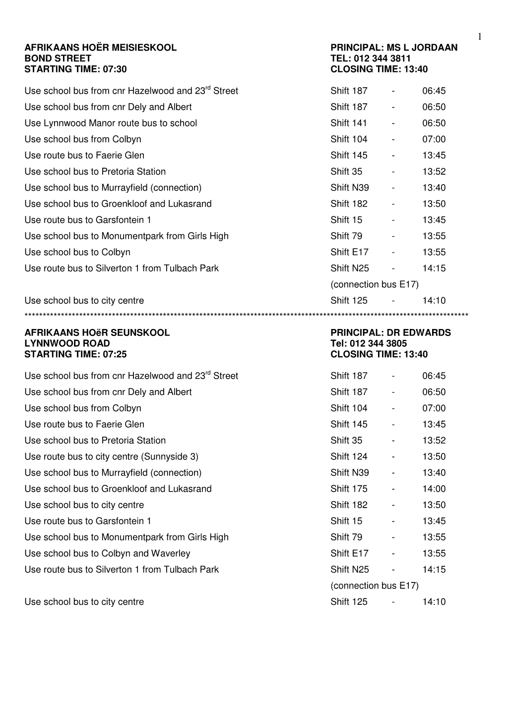 AFRIKAANS HOËR MEISIESKOOL PRINCIPAL: MS L JORDAAN BOND STREET TEL: 012 344 3811 STARTING TIME: 07:30 CLOSING TIME: 13:40 Use S