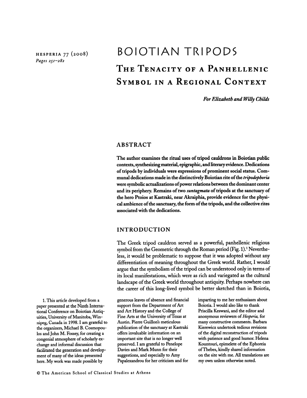 BOIOTIAN TRIPODS Pages 251-282 the Tenacity of a Panhellenic Symbol in a Regional Context