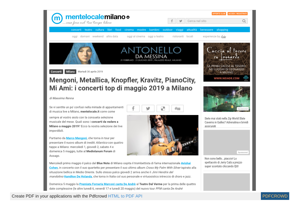 Mengoni, Metallica, Knopfler, Kravitz, Pianocity, Mi Ami: I Concerti Top Di