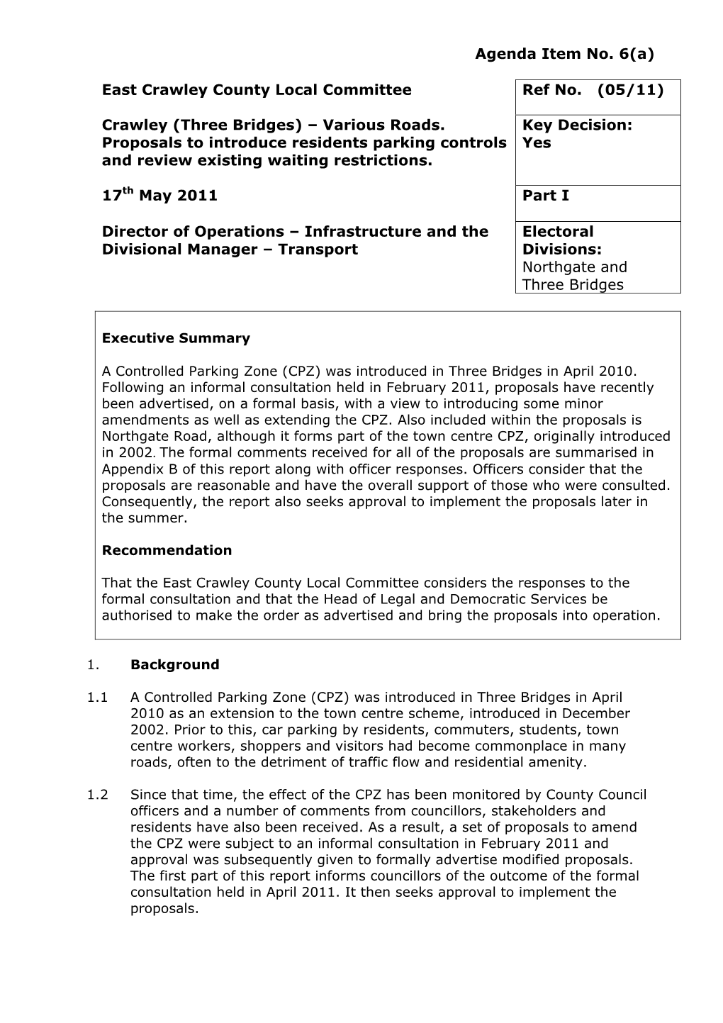 Three Bridges Parking Controls, East Crawley County Local Committee