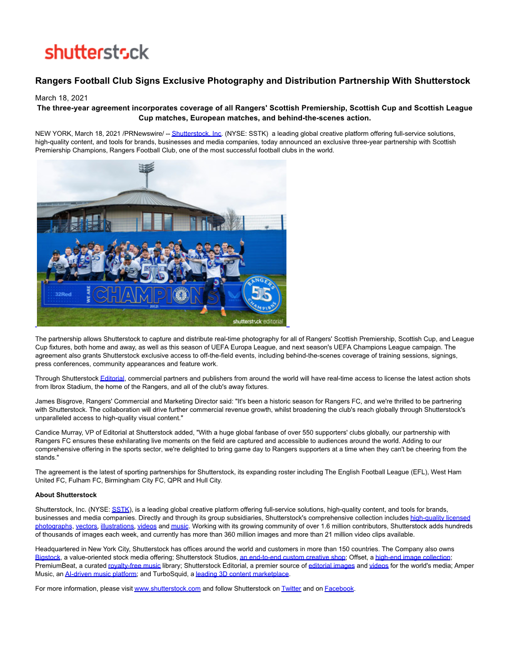 Rangers Football Club Signs Exclusive Photography and Distribution Partnership with Shutterstock