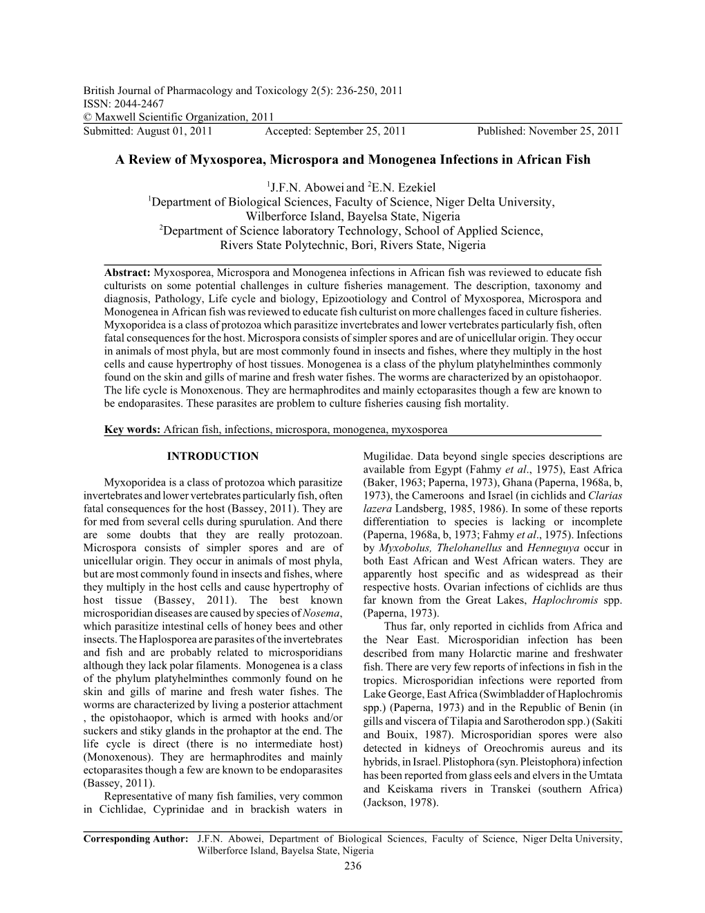 A Review of Myxosporea, Microspora and Monogenea Infections in African Fish