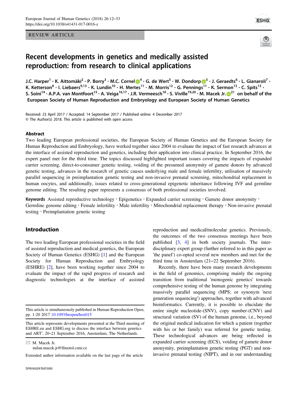 Recent Developments in Genetics and Medically Assisted Reproduction: from Research to Clinical Applications