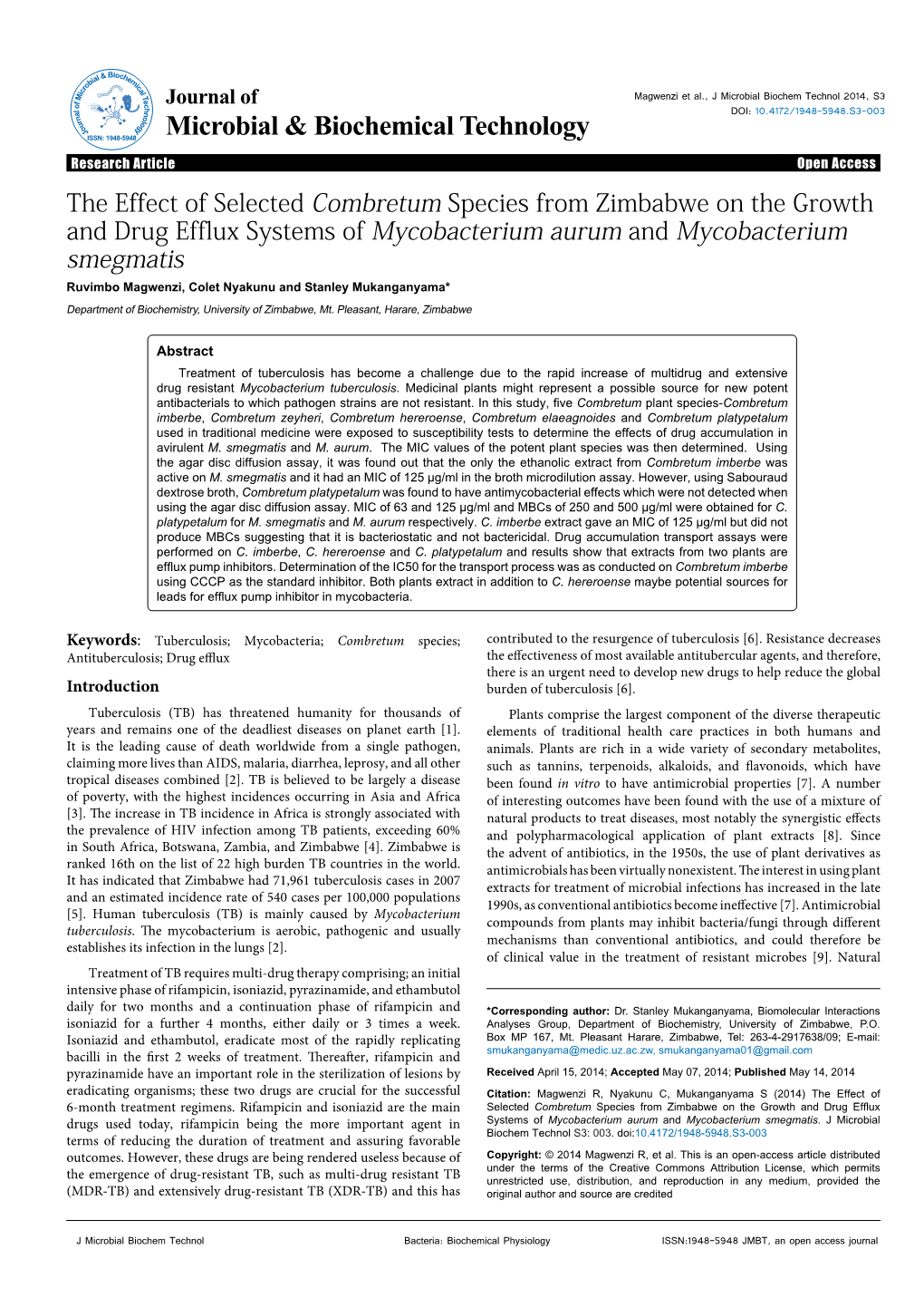 The Effect of Selected Combretum Species from Zimbabwe on The