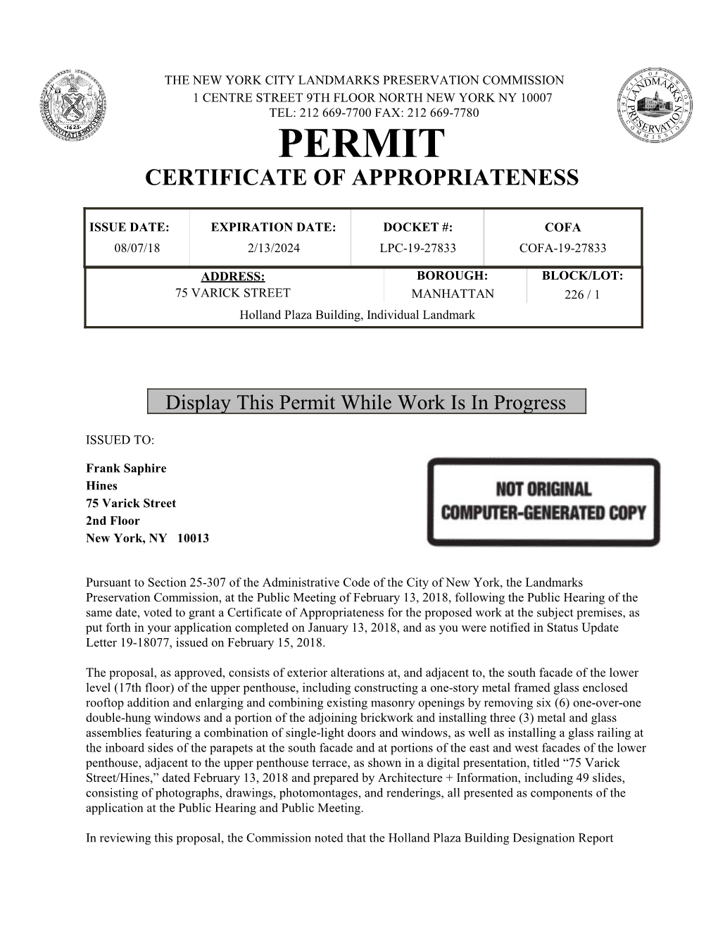 Permit Certificate of Appropriateness