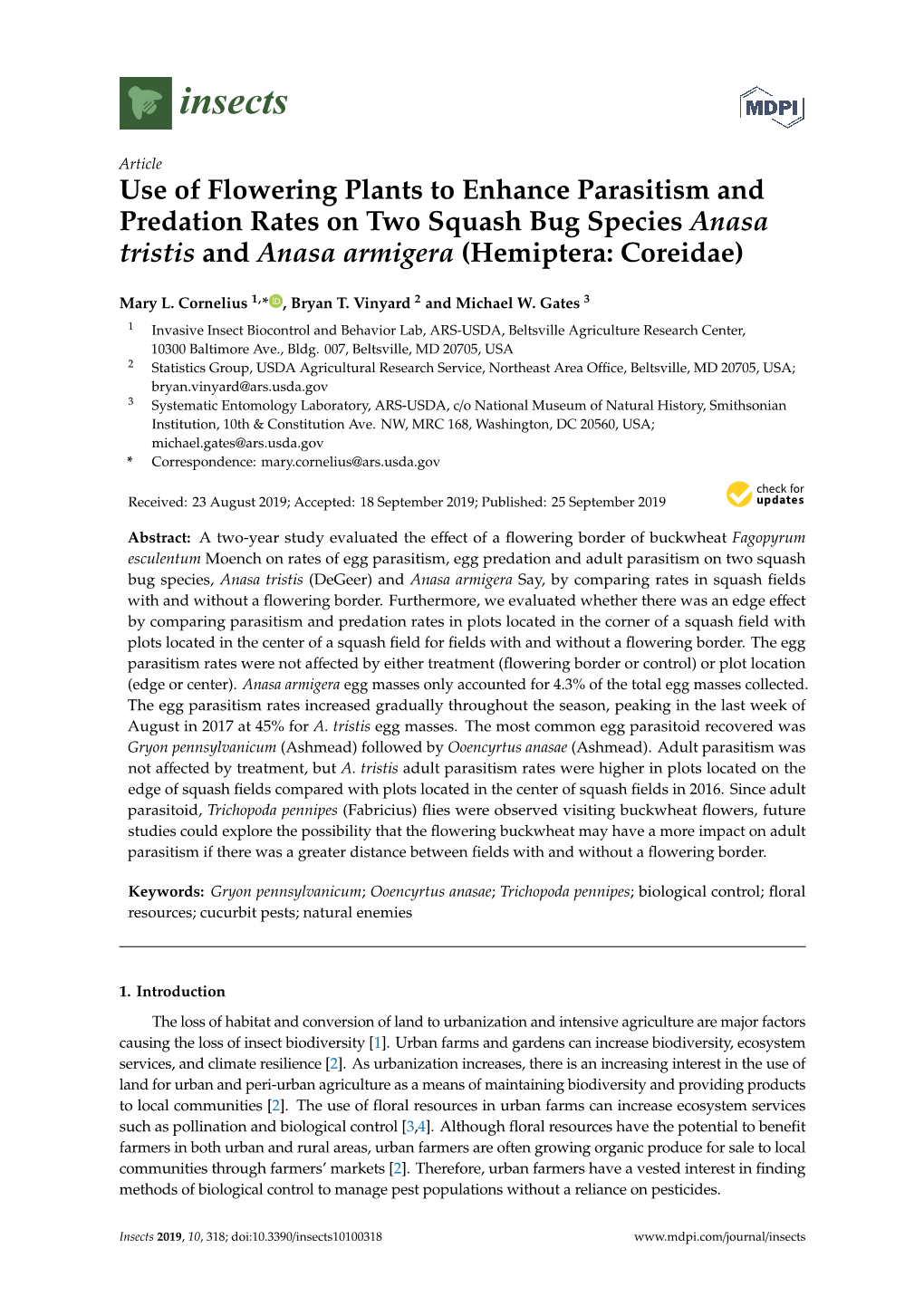 Use of Flowering Plants to Enhance Parasitism and Predation Rates on Two Squash Bug Species Anasa Tristis and Anasa Armigera (Hemiptera: Coreidae)