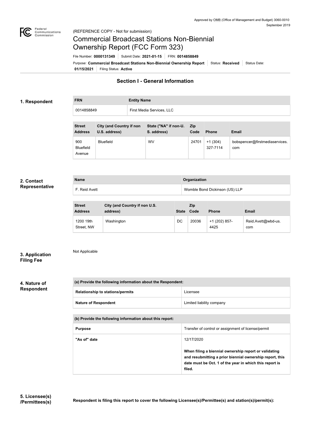 REFERENCE COPY - Not for Submission) Commercial Broadcast Stations Non-Biennial Ownership Report (FCC Form 323)