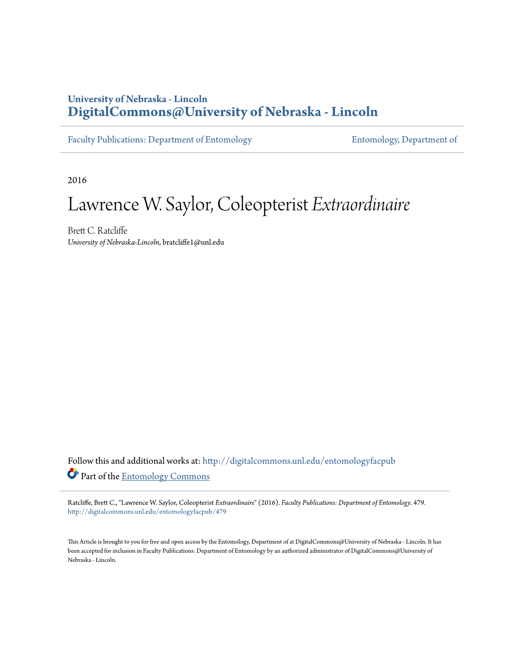 Lawrence W. Saylor, Coleopterist <I>Extraordinaire</I>