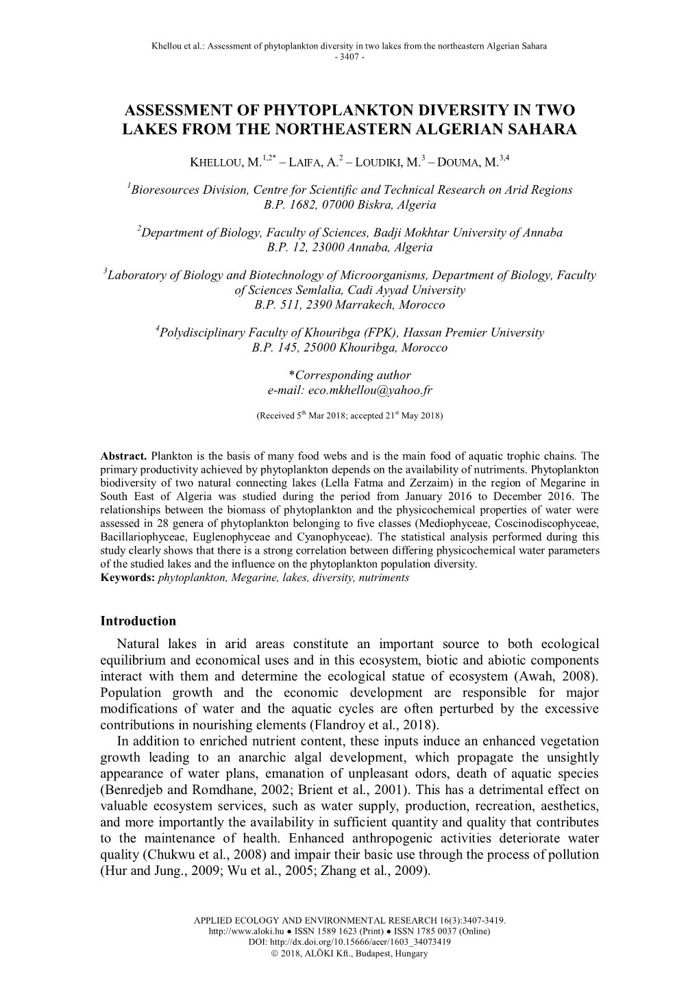 Assessment of Phytoplankton Diversity in Two Lakes from the Northeastern Algerian Sahara - 3407