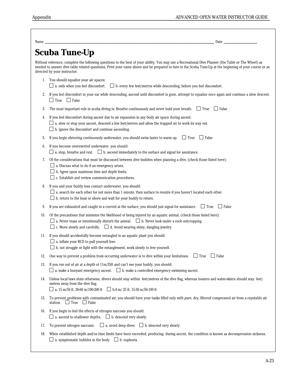 Scuba Tune up Answer Key 1