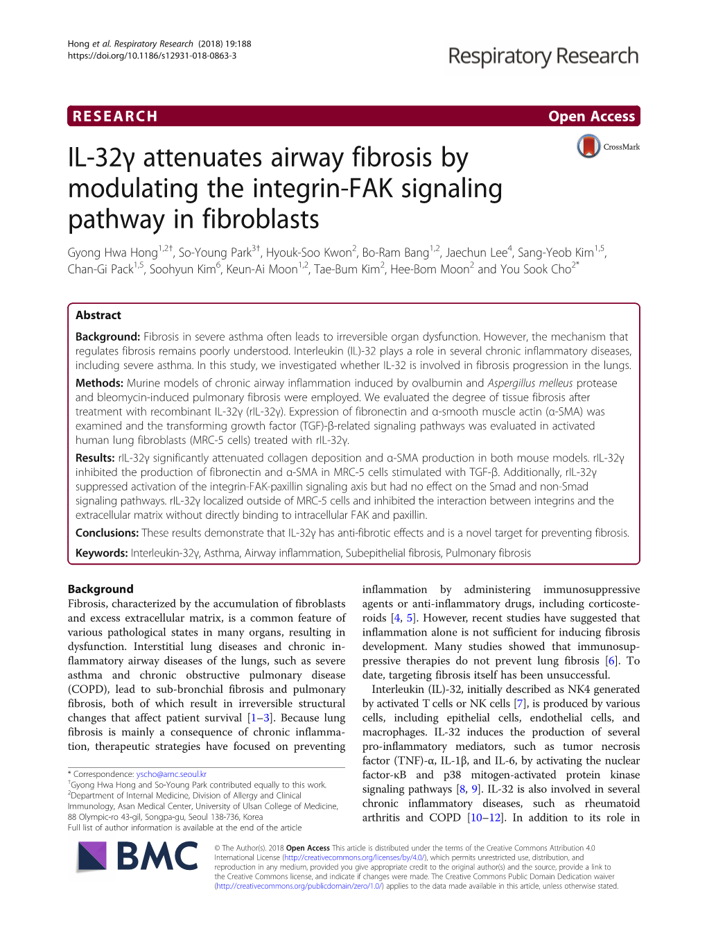 IL-32Γ Attenuates Airway Fibrosis by Modulating the Integrin-FAK