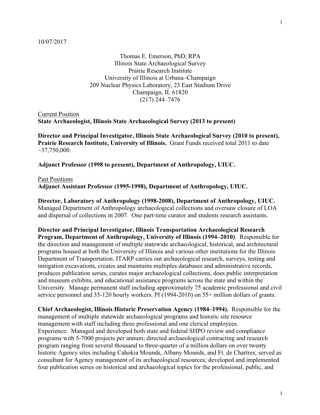 10/07/2017 Thomas E. Emerson, Phd, RPA Illinois State