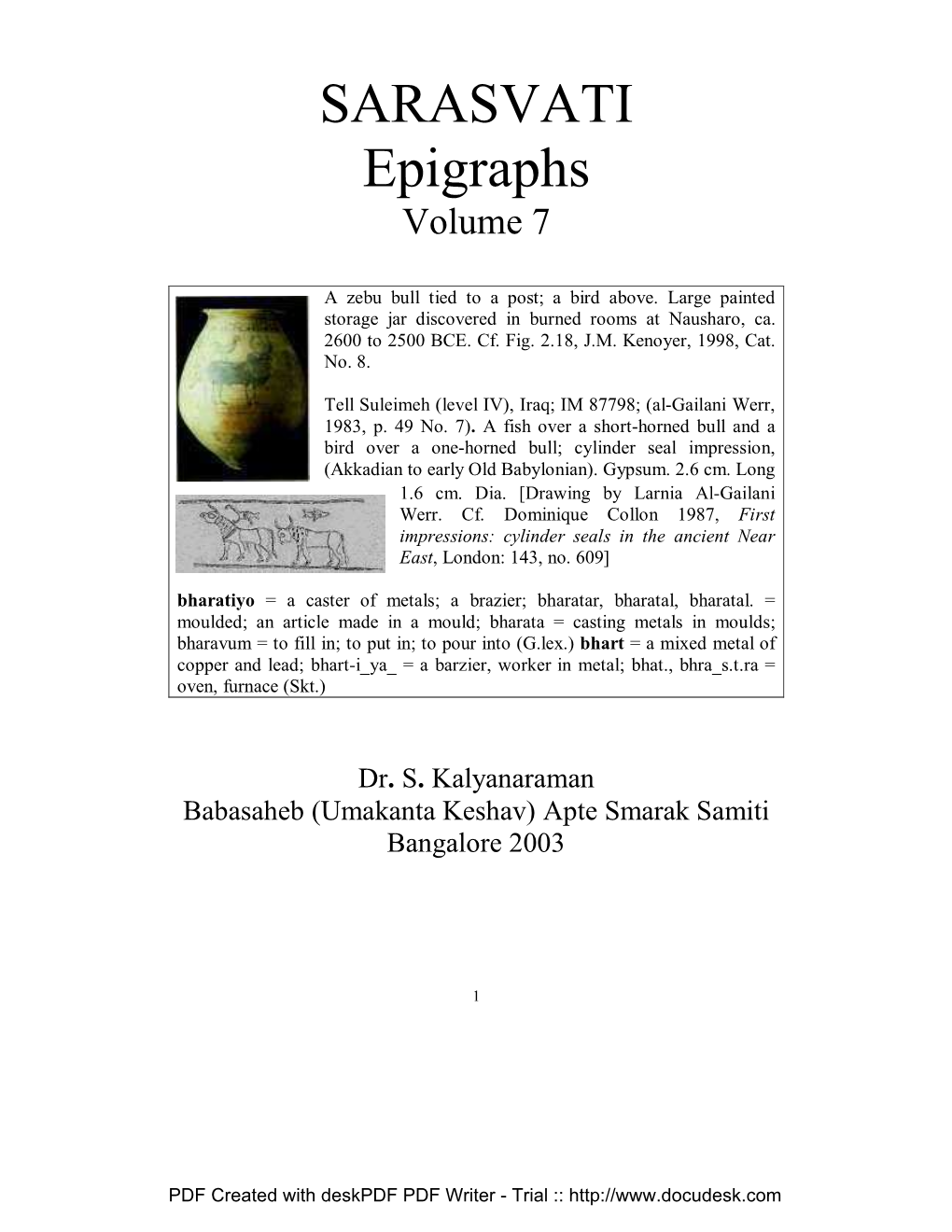 SARASVATI Epigraphs Volume 7