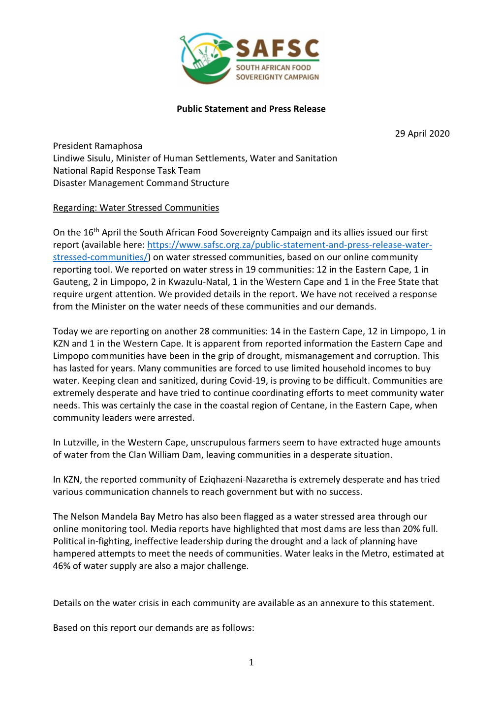 1 Public Statement and Press Release 29 April 2020 President