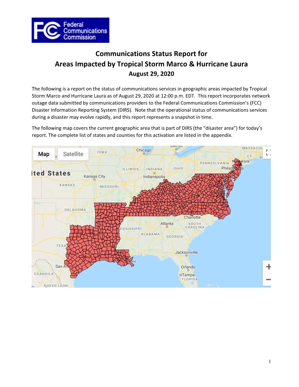 Communications Status Report for Areas Impacted by Tropical Storm Marco & Hurricane Laura August 29, 2020