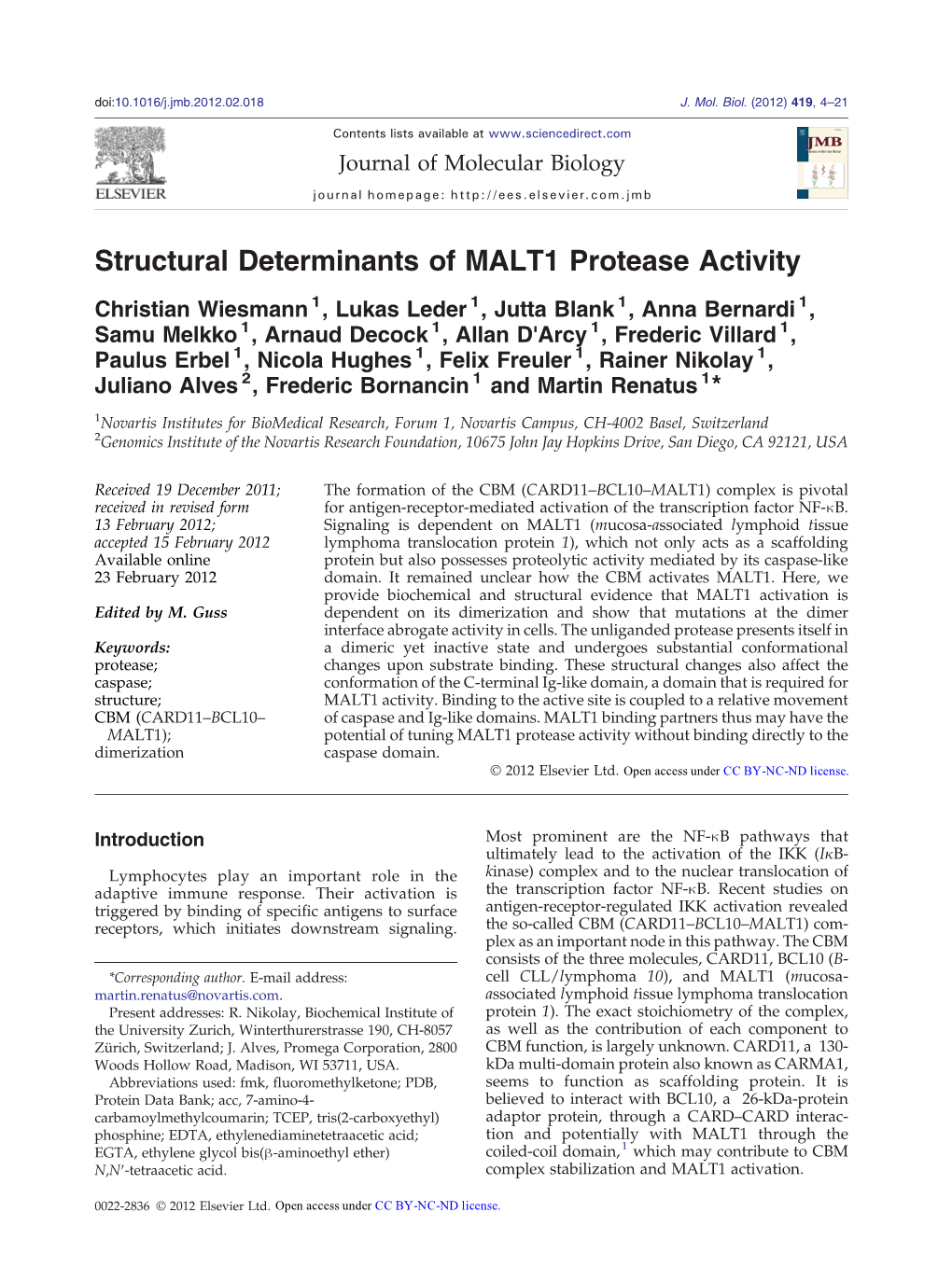 Structural Determinants of MALT1 Protease Activity