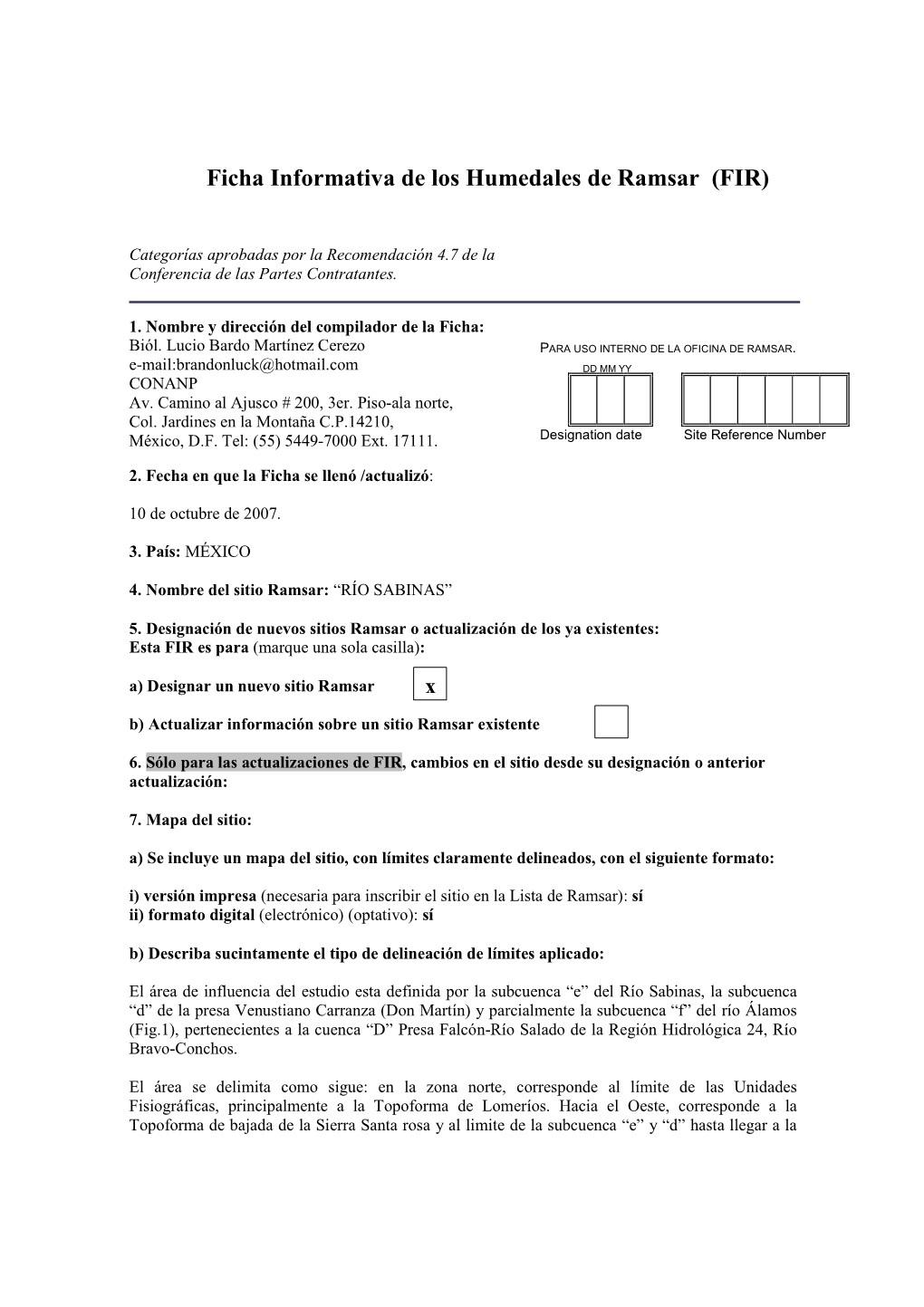 Ficha Informativa De Los Humedales De Ramsar (FIR)