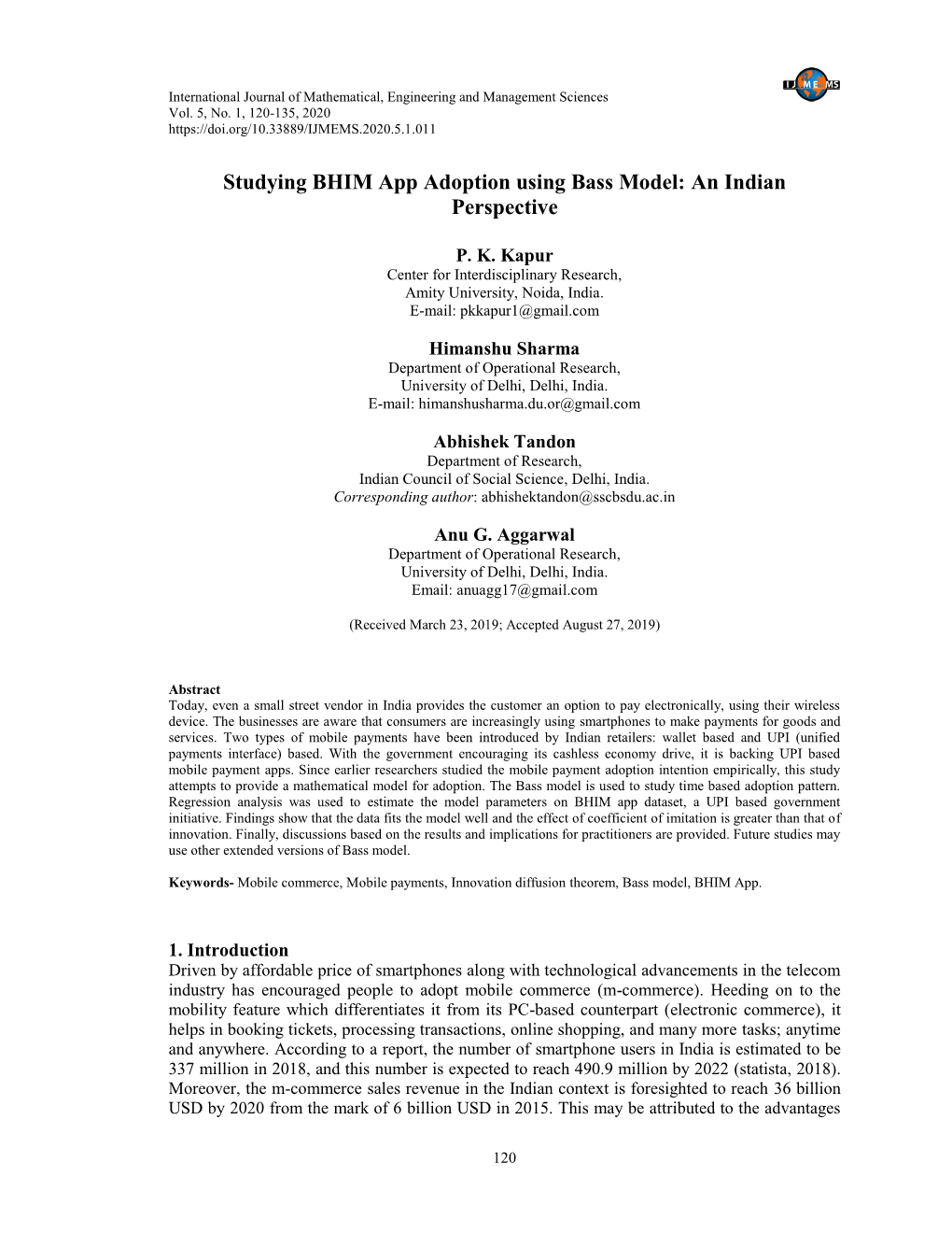 Studying BHIM App Adoption Using Bass Model: an Indian Perspective