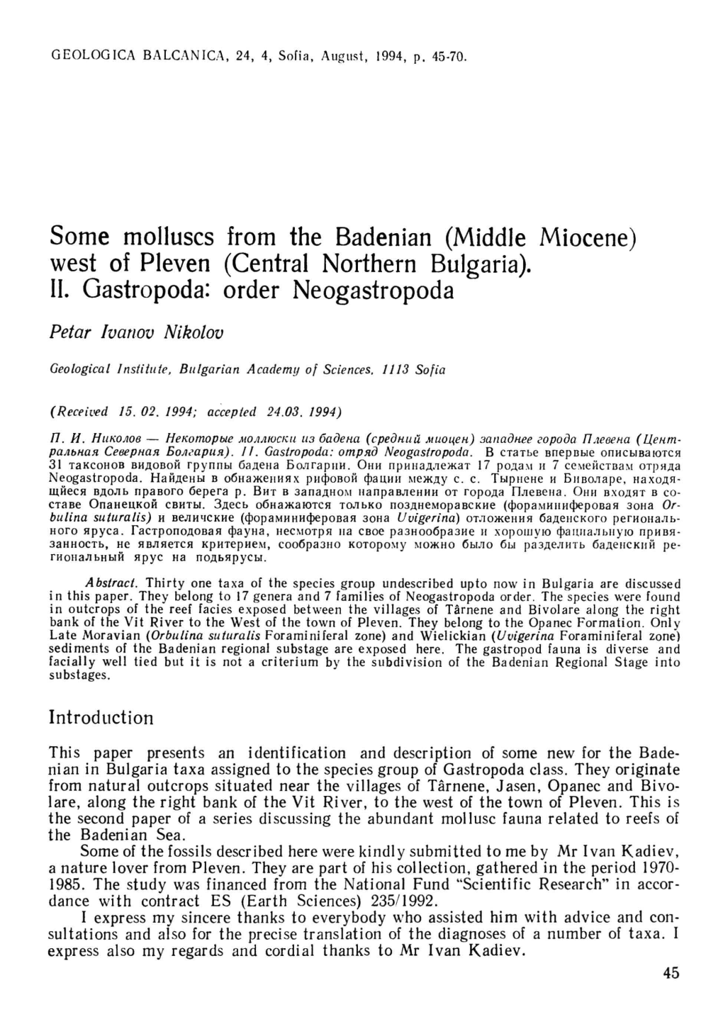 Middle Miocene) West of Pleven (Central Northern Bulgaria