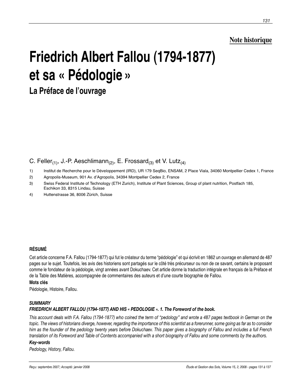 Friedrich Albert Fallou (1794-1877) Et Sa « Pédologie » La Préface De L’Ouvrage