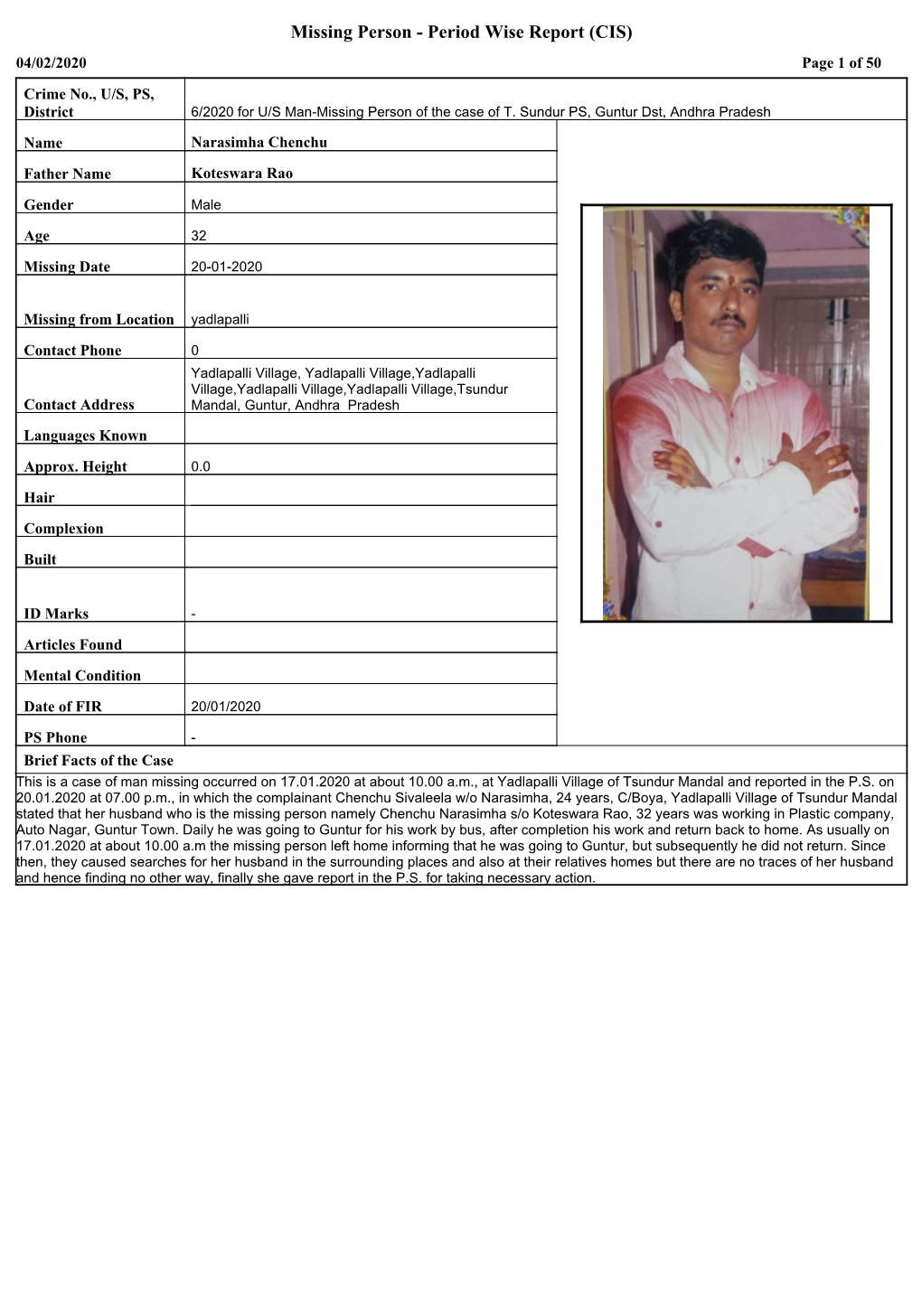 Missing Person - Period Wise Report (CIS) 04/02/2020 Page 1 of 50