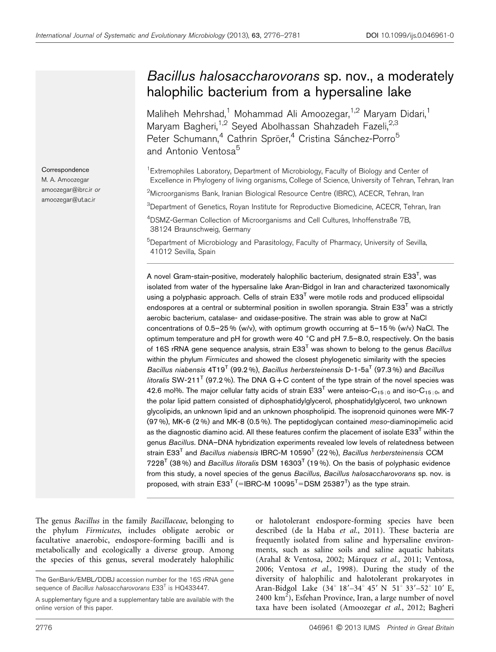 Bacillus Halosaccharovorans Sp. Nov., a Moderately Halophilic Bacterium from a Hypersaline Lake