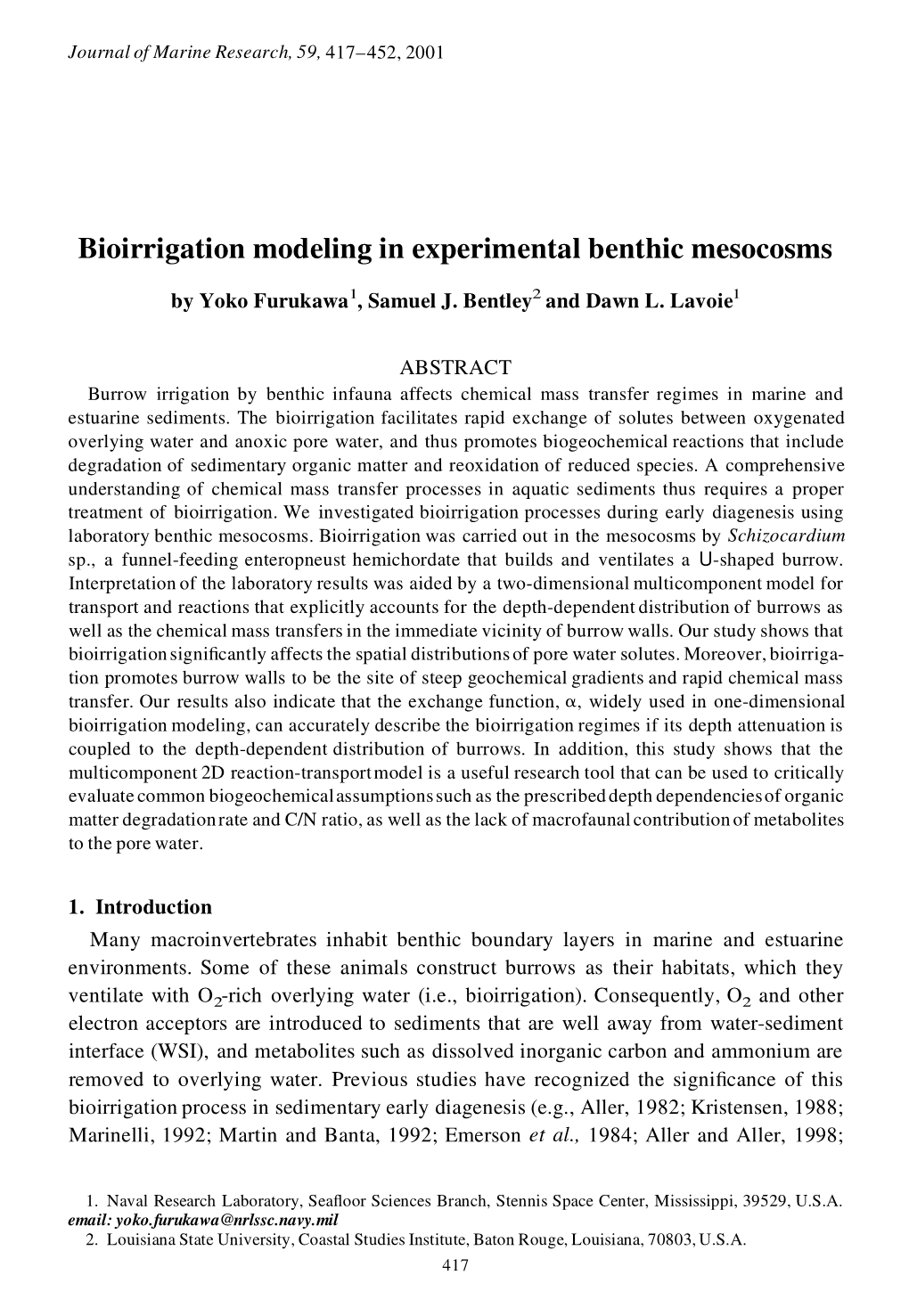 Bioirrigation Modeling in Experimental Benthic Mesocosms