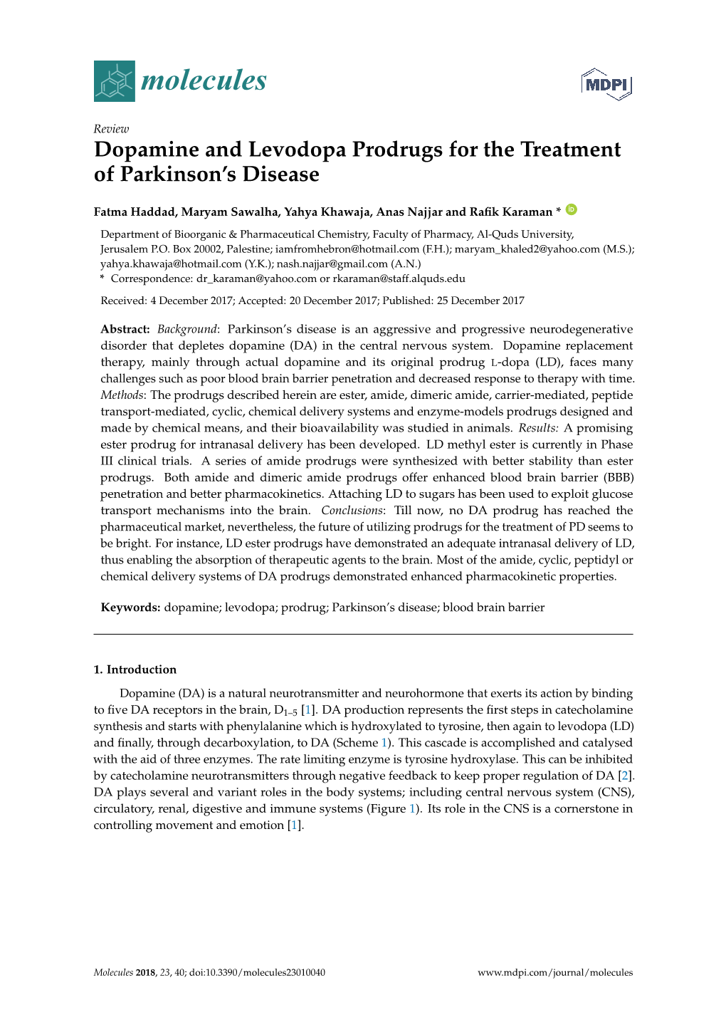 Dopamine and Levodopa Prodrugs for the Treatment of Parkinson's Disease