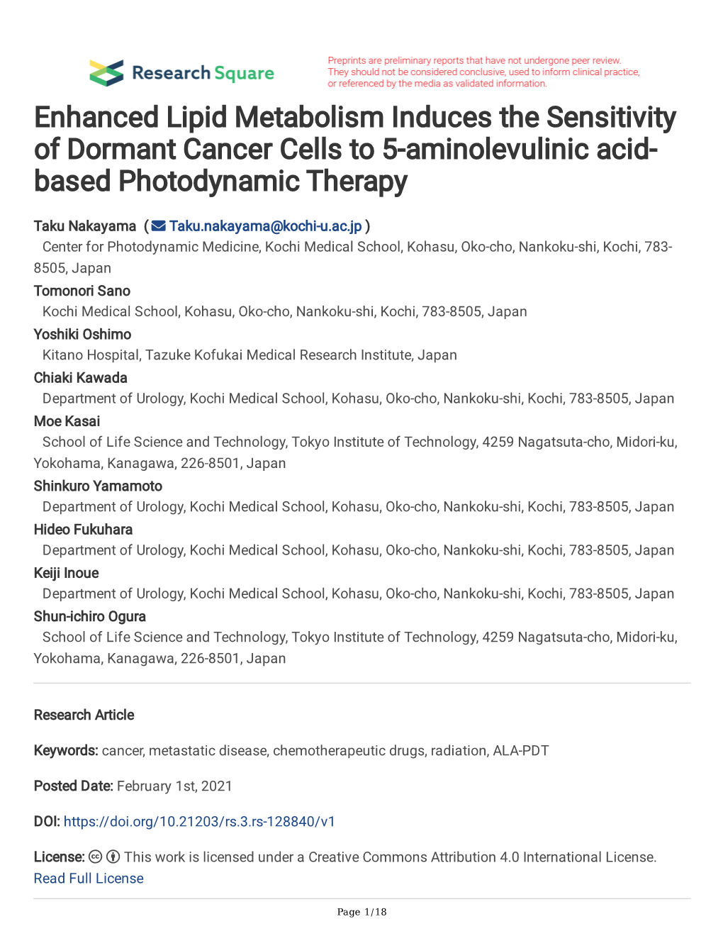 Enhanced Lipid Metabolism Induces the Sensitivity of Dormant Cancer Cells to 5-Aminolevulinic Acid- Based Photodynamic Therapy