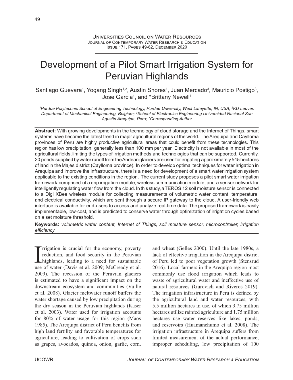 Development of a Pilot Smart Irrigation System for Peruvian Highlands