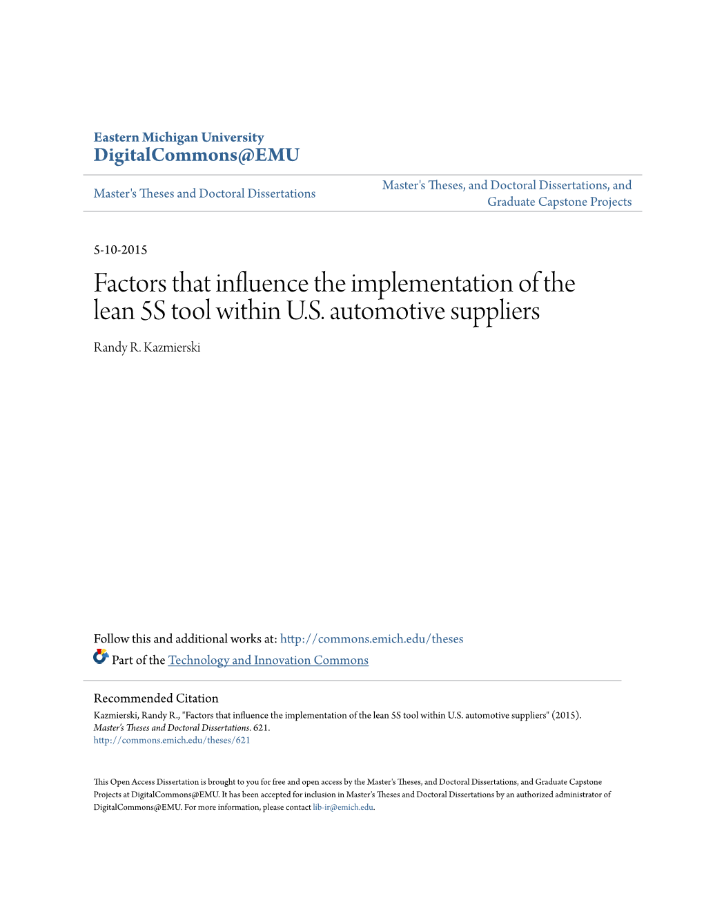 Factors That Influence the Implementation of the Lean 5S Tool Within U.S