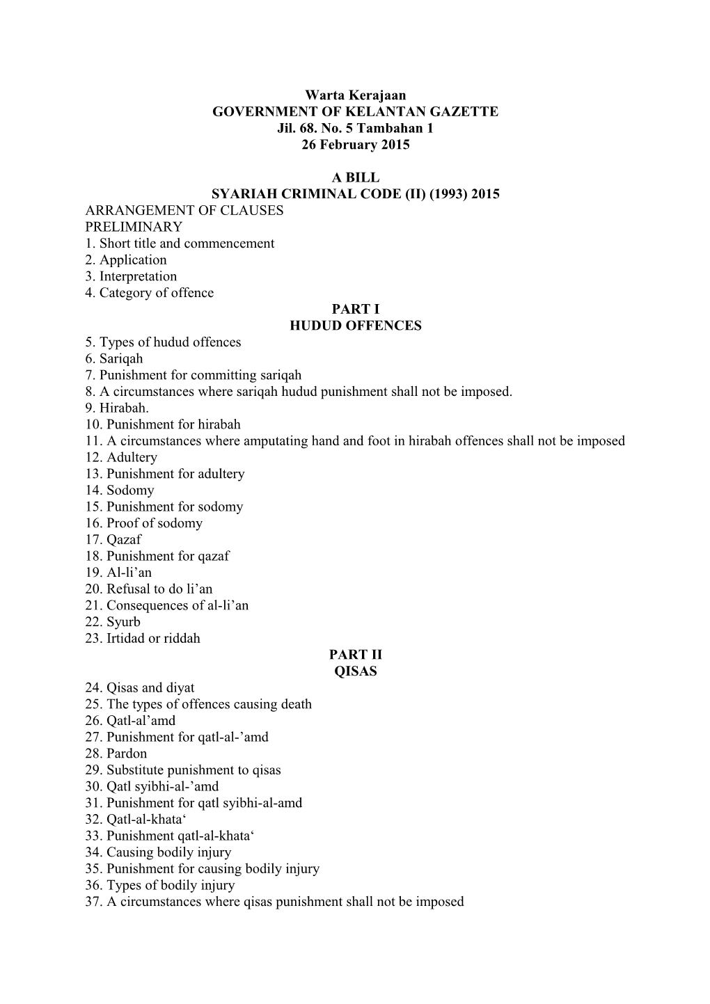 Syariah Criminal Code (Ii) (1993) 2015 Arrangement of Clauses Preliminary 1