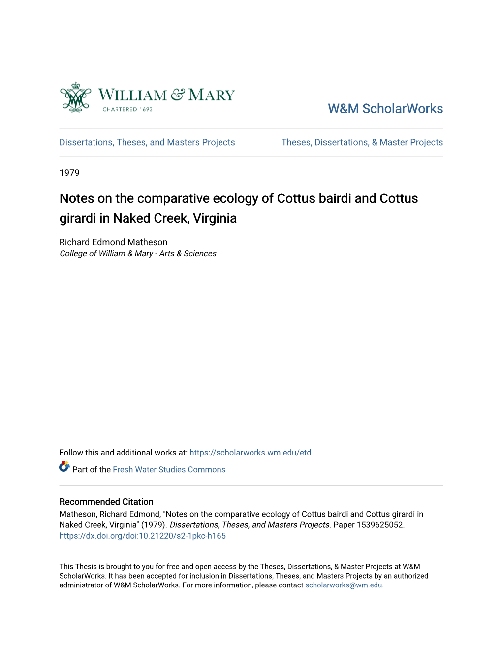 Notes on the Comparative Ecology of Cottus Bairdi and Cottus Girardi in Naked Creek, Virginia