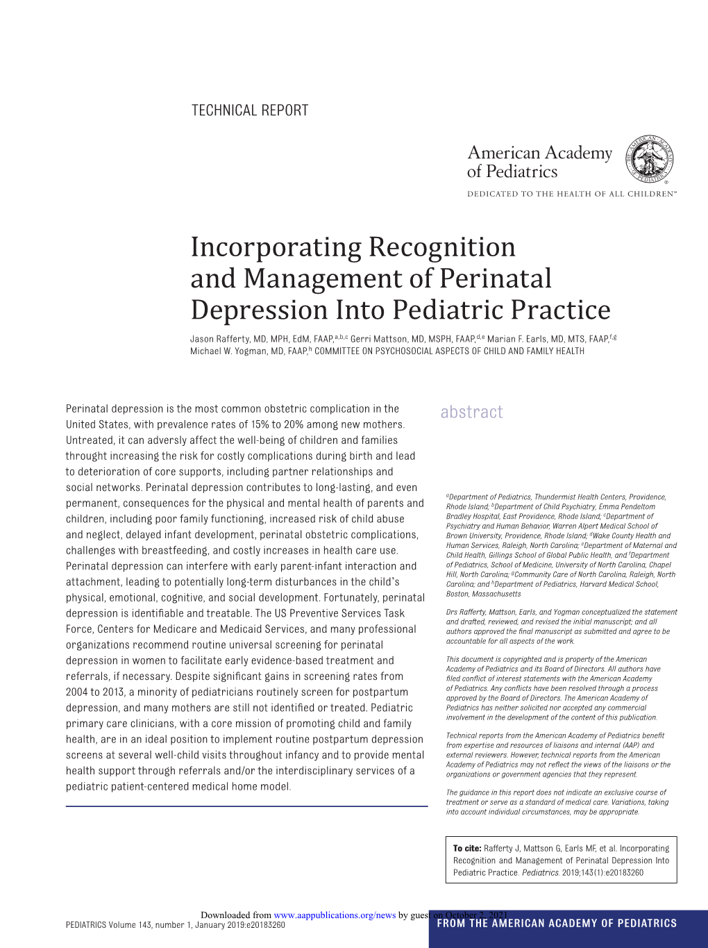 Incorporating Recognition and Management of Perinatal Depression Into Pediatric Practice