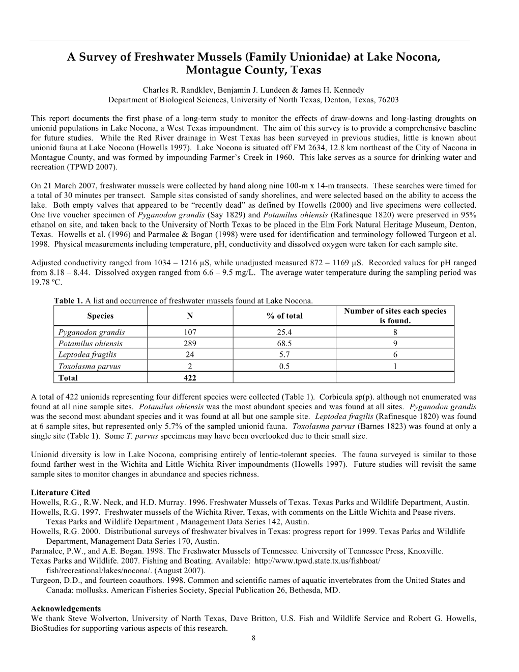 A Survey of Freshwater Mussels (Family Unionidae) at Lake Nocona, Montague County, Texas