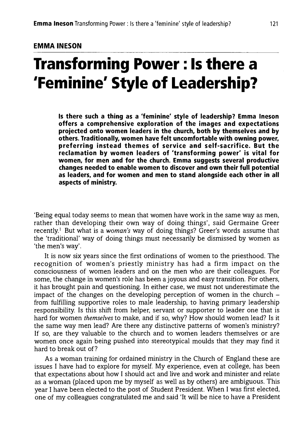Transforming Power : Is There a 'Feminine' Style of Leadership?