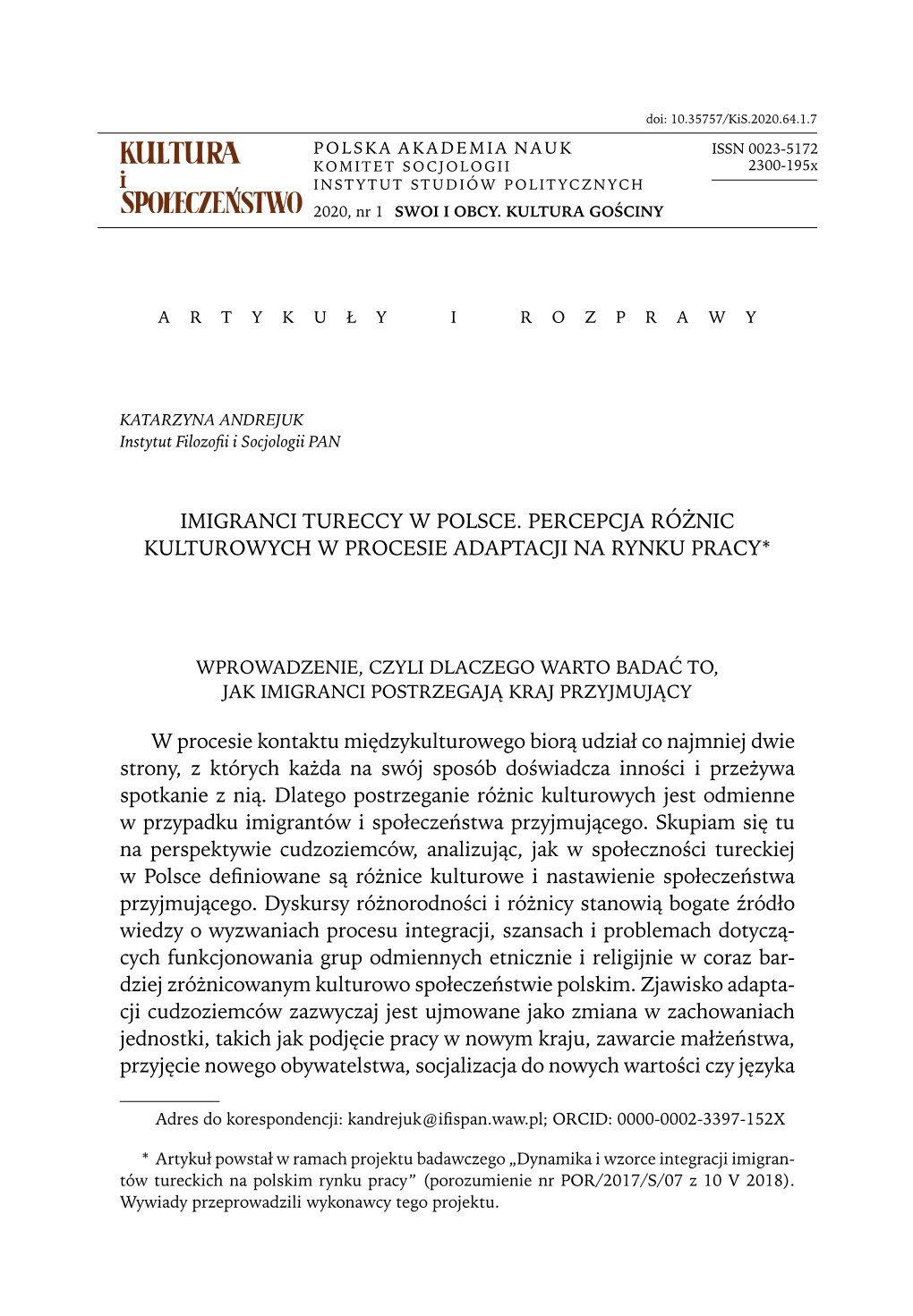 Imigranci Tureccy W Polsce. Percepcja Różnic Kulturowych W Procesie Adaptacji Na Rynku Pracy*