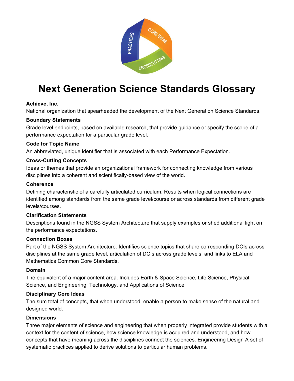 Next Generation Science Standards Glossary