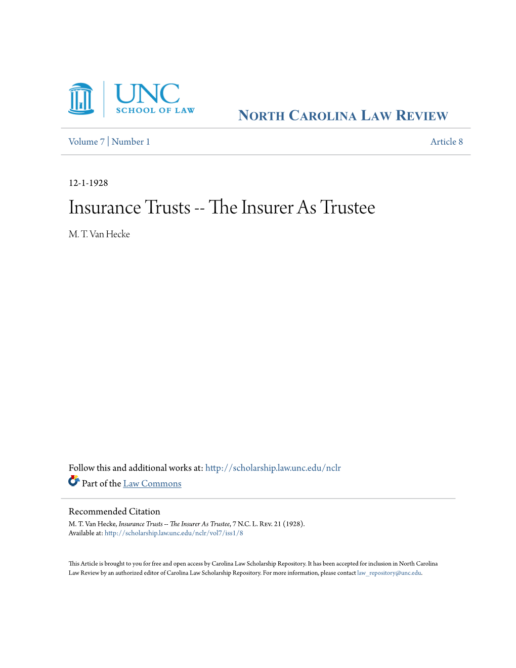 Insurance Trusts -- the Insurer As Trustee, 7 N.C