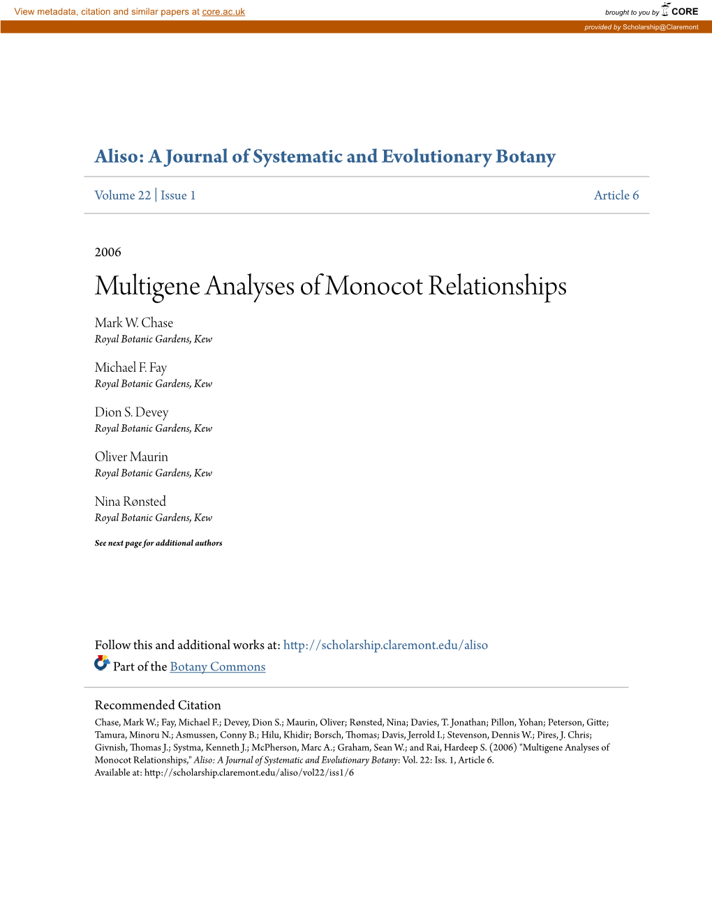 Multigene Analyses of Monocot Relationships Mark W