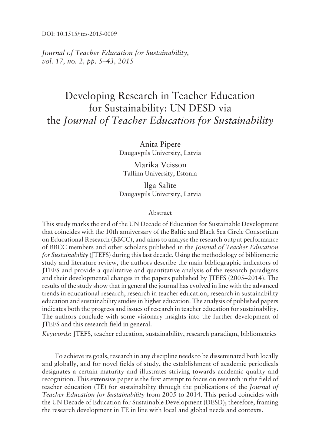 Journal of Teacher Education for Sustainability, Vol