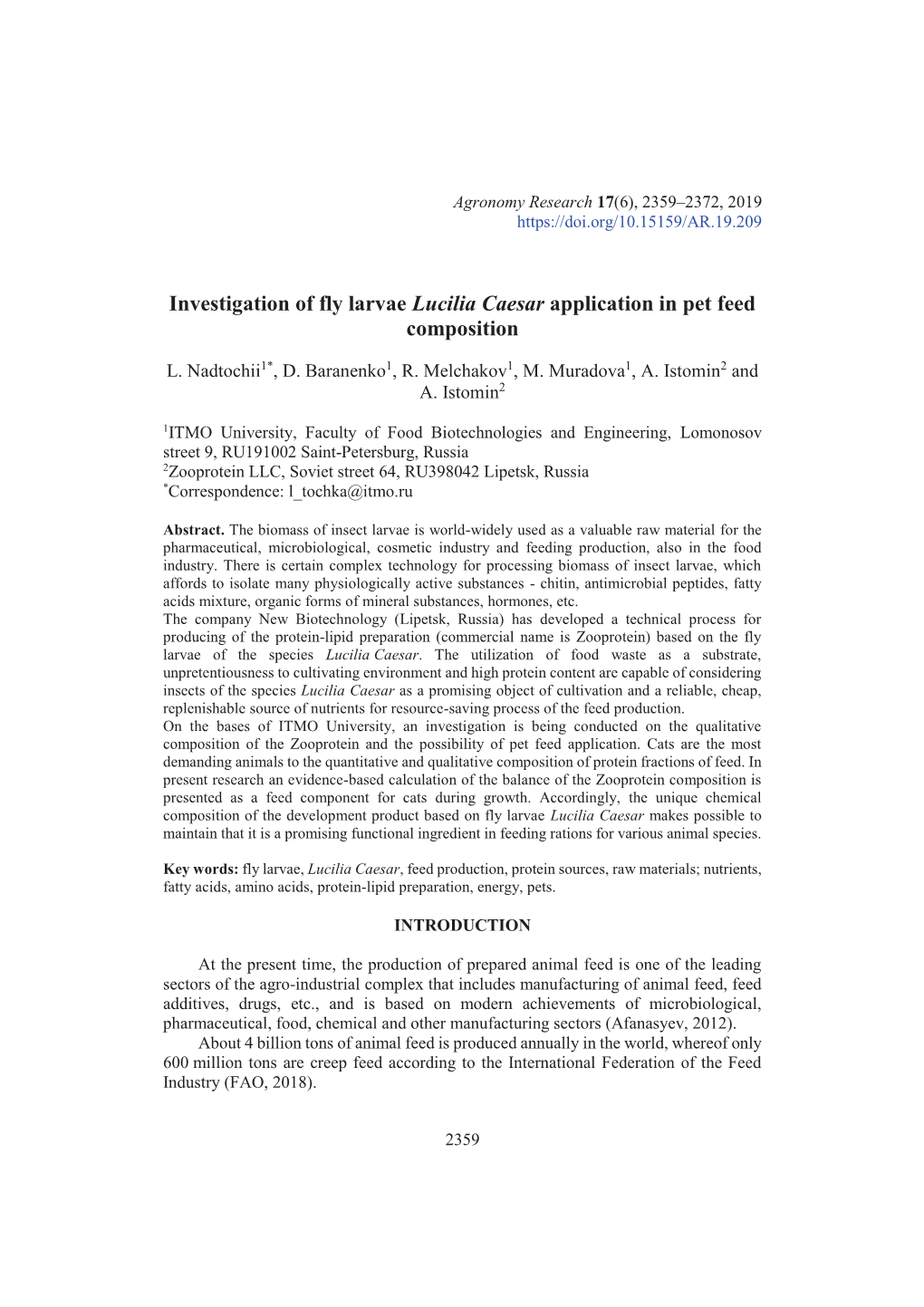Investigation of Fly Larvae Lucilia Caesar Application in Pet Feed Composition