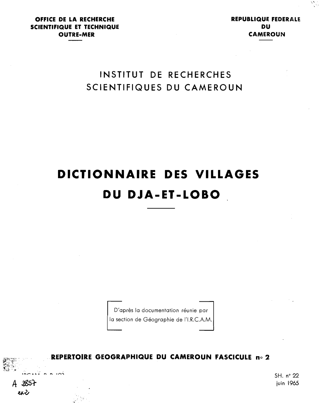 Dictionnaire Des Villages Du Dja Et Lobo