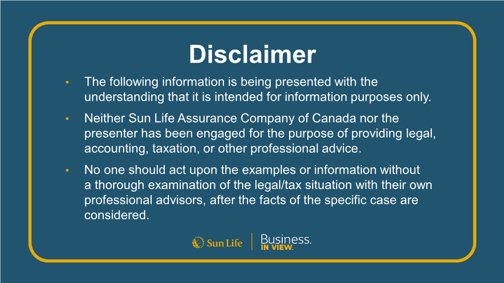 Disclaimer • the Following Information Is Being Presented with the Understanding That It Is Intended for Information Purposes Only